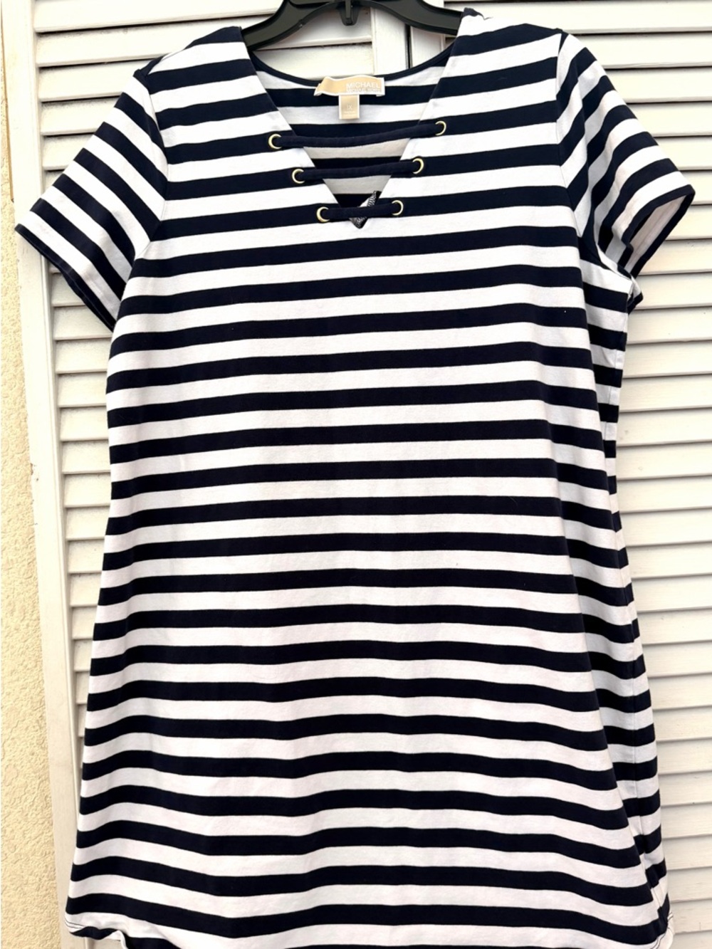 MICHAEL KORS Nautical Navy and White Striped Lace-Up T-shirt dress